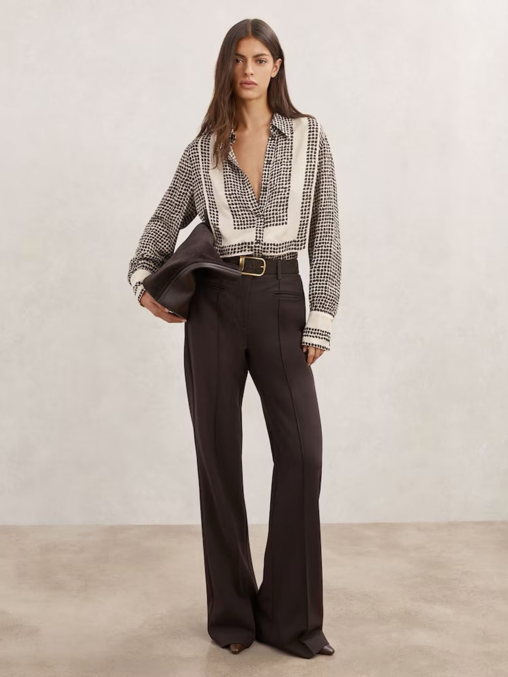 Reiss Harper Tile-Print Bib Shirt in Ivory/Black